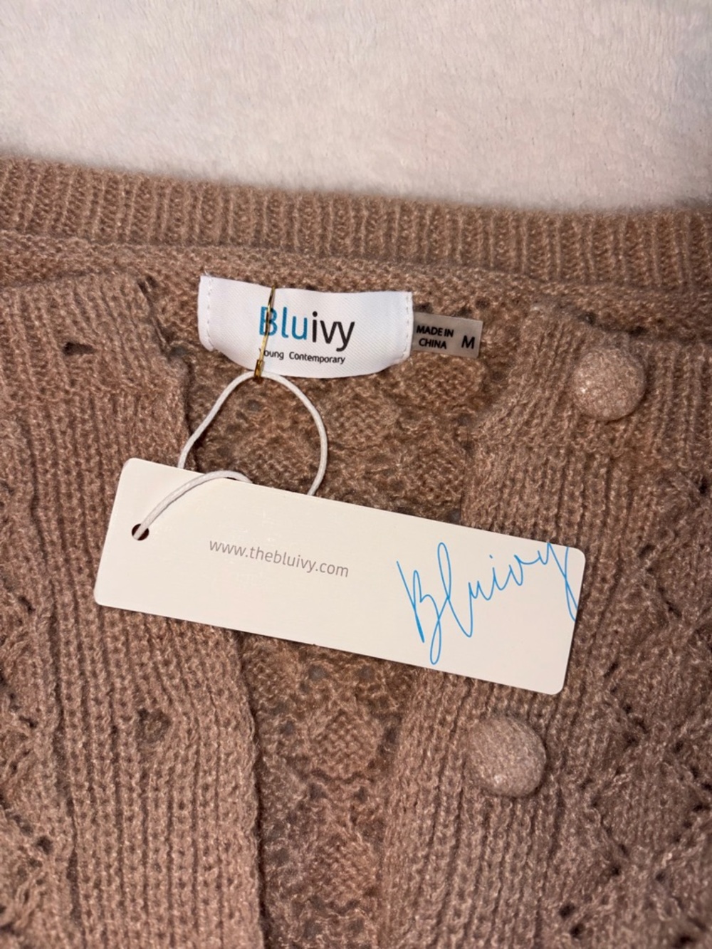 BLUIVY Tan Knit & Lace Cardigan sz M NWT - Picture 3 of 8